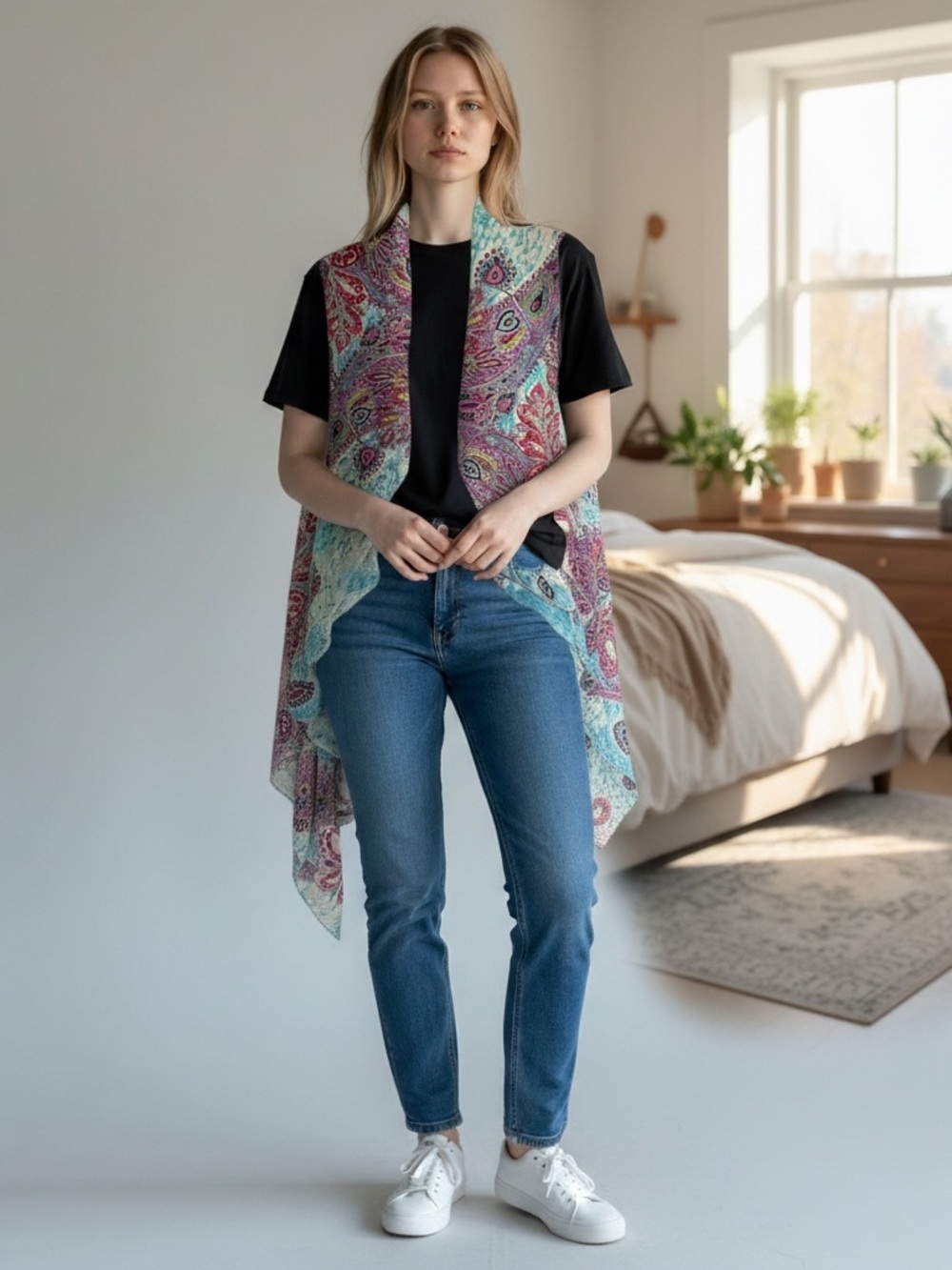 Women's Open Sheer Cardigan Topper Waterfall Paisley Multicolor Top OS